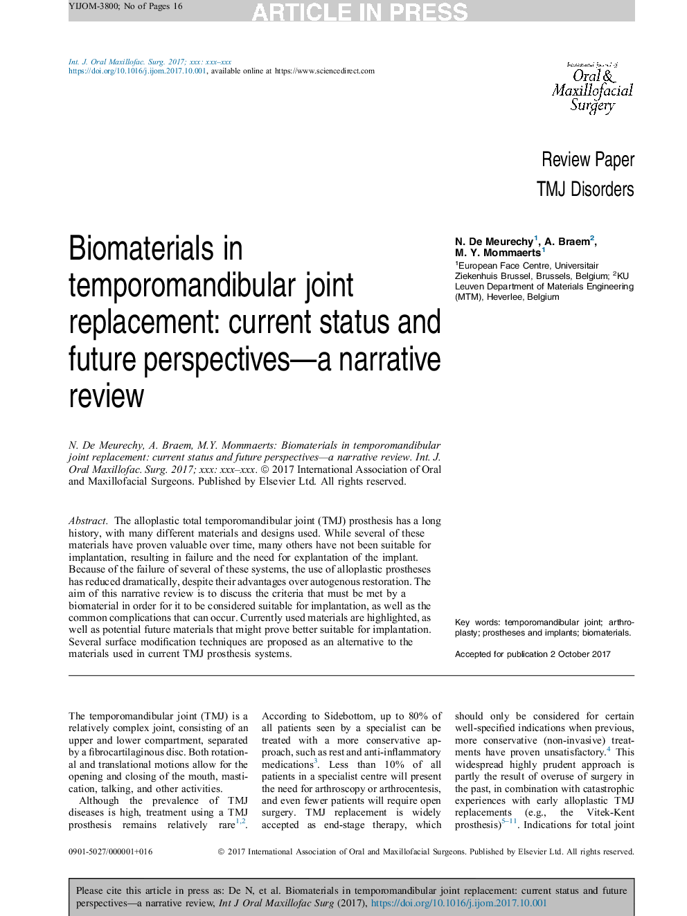 مواد بیولوژیکی در جایگزینی مفصل مفصلی مفصلی: وضعیت فعلی و دیدگاه های آینده - یک بررسی روایت 