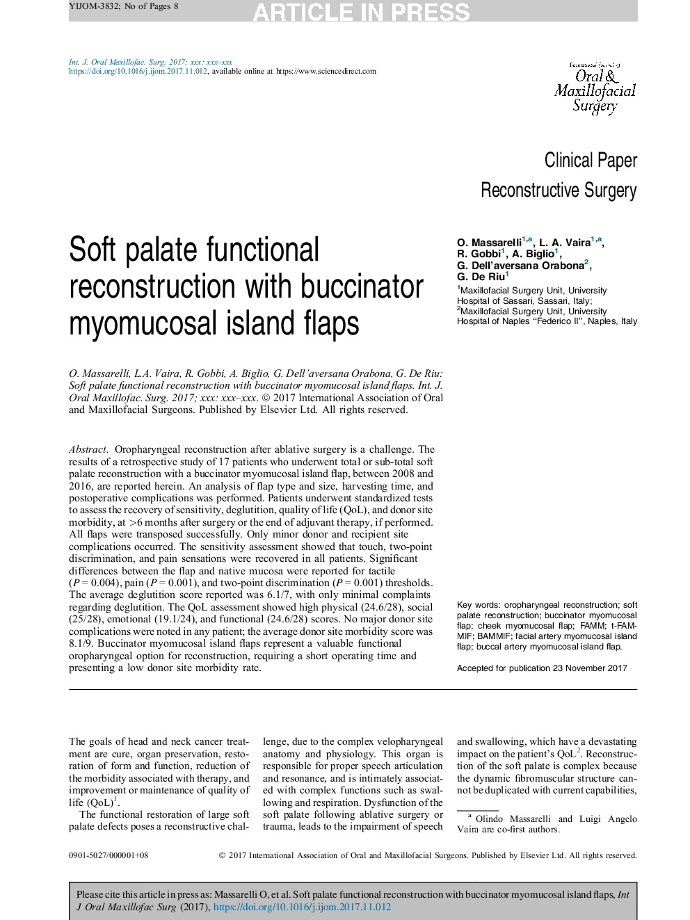 Soft palate functional reconstruction with buccinator myomucosal island flaps