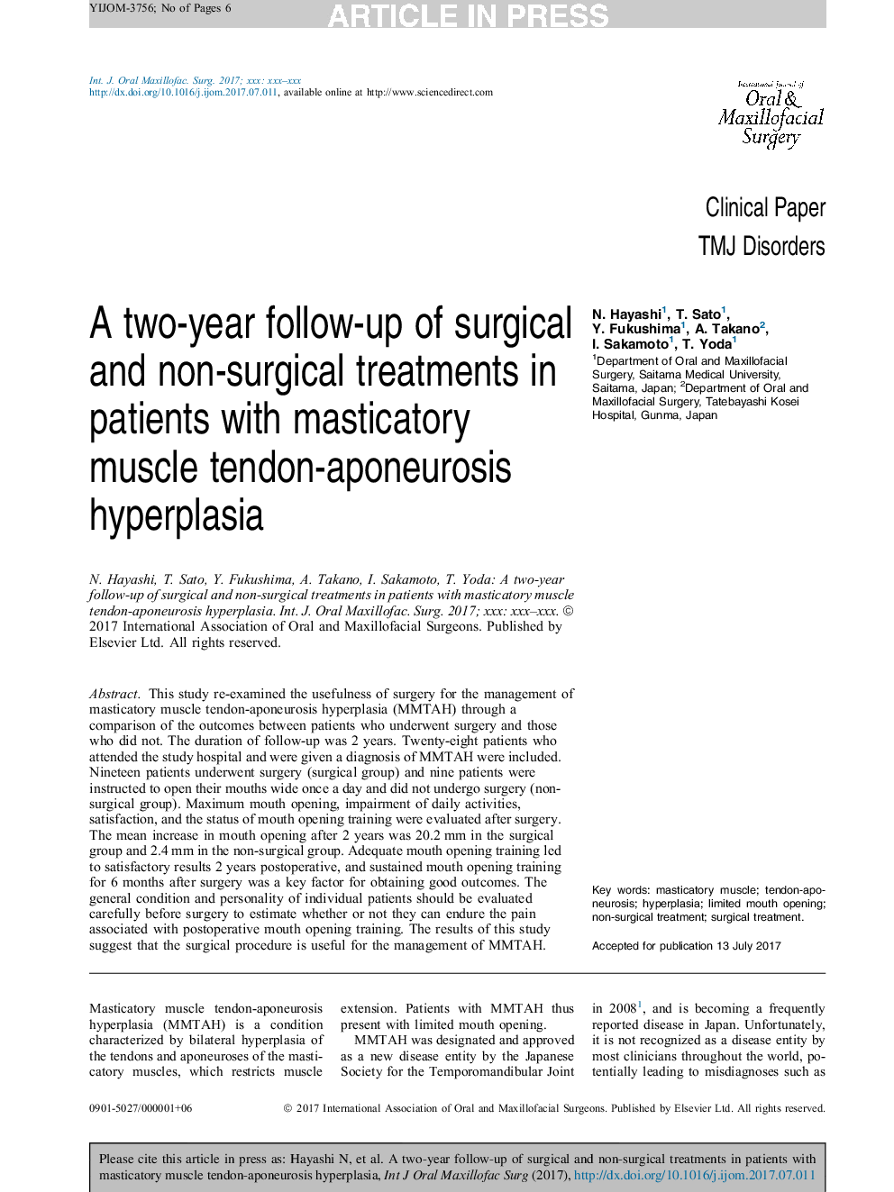 A two-year follow-up of surgical and non-surgical treatments in patients with masticatory muscle tendon-aponeurosis hyperplasia