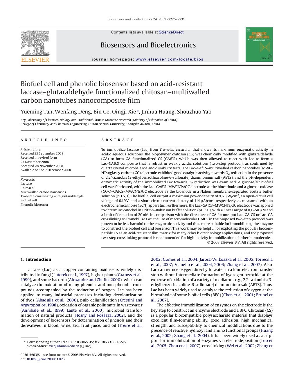 Biofuel cell and phenolic biosensor based on acid-resistant laccase–glutaraldehyde functionalized chitosan–multiwalled carbon nanotubes nanocomposite film