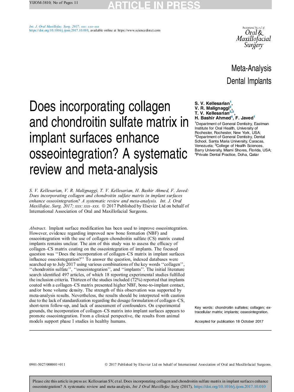 Does incorporating collagen and chondroitin sulfate matrix in implant surfaces enhance osseointegration? A systematic review and meta-analysis