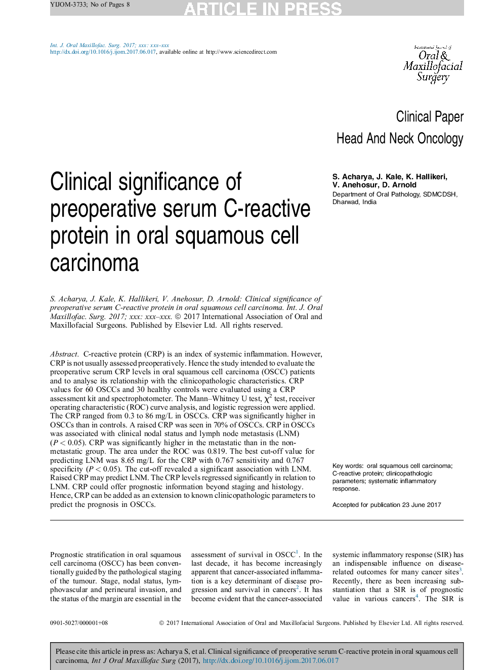 Clinical significance of preoperative serum C-reactive protein in oral squamous cell carcinoma