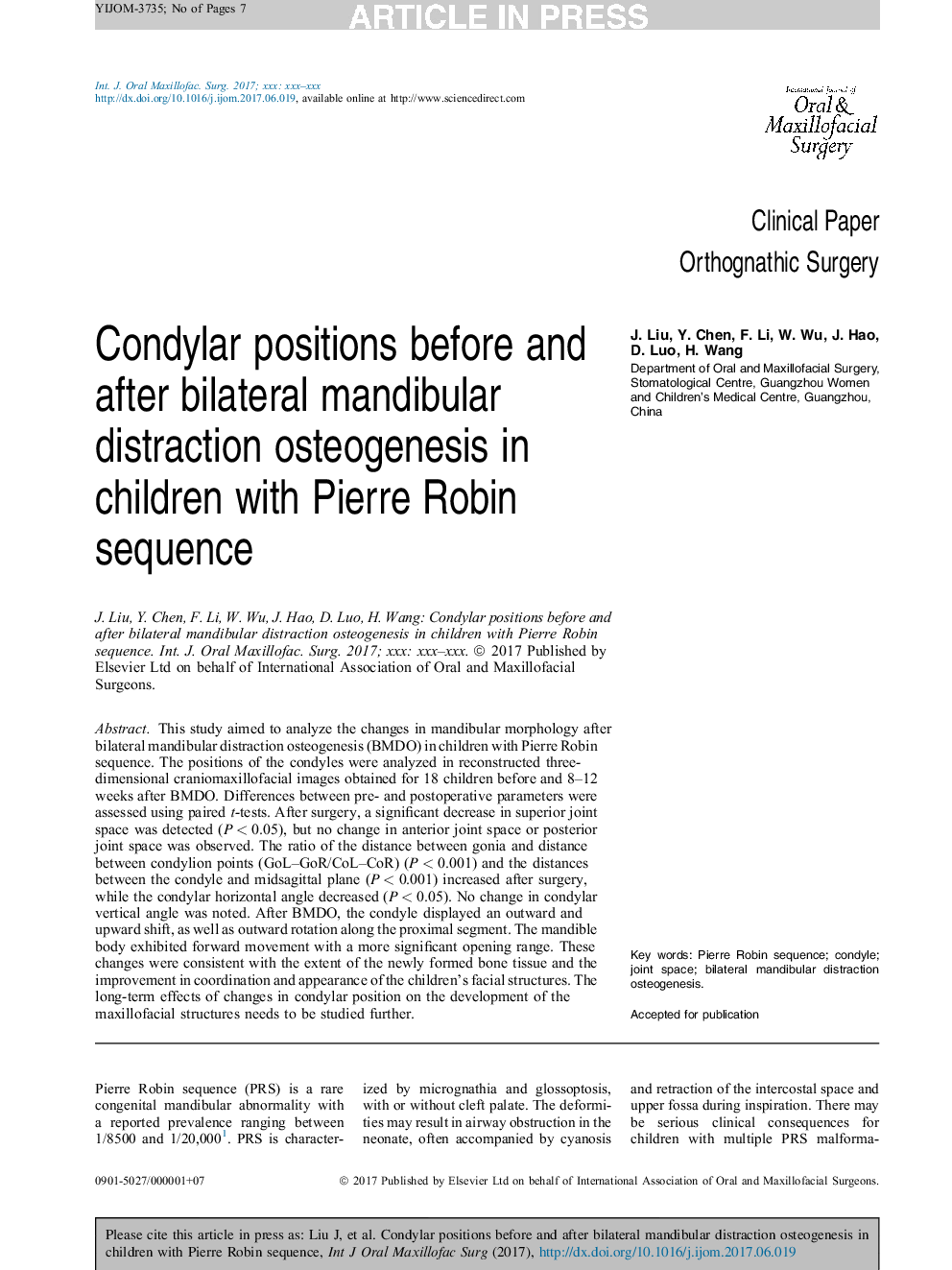 Condylar positions before and after bilateral mandibular distraction osteogenesis in children with Pierre Robin sequence