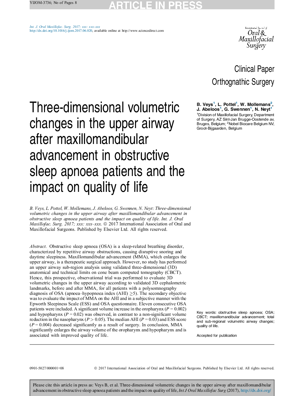 Three-dimensional volumetric changes in the upper airway after maxillomandibular advancement in obstructive sleep apnoea patients and the impact on quality of life