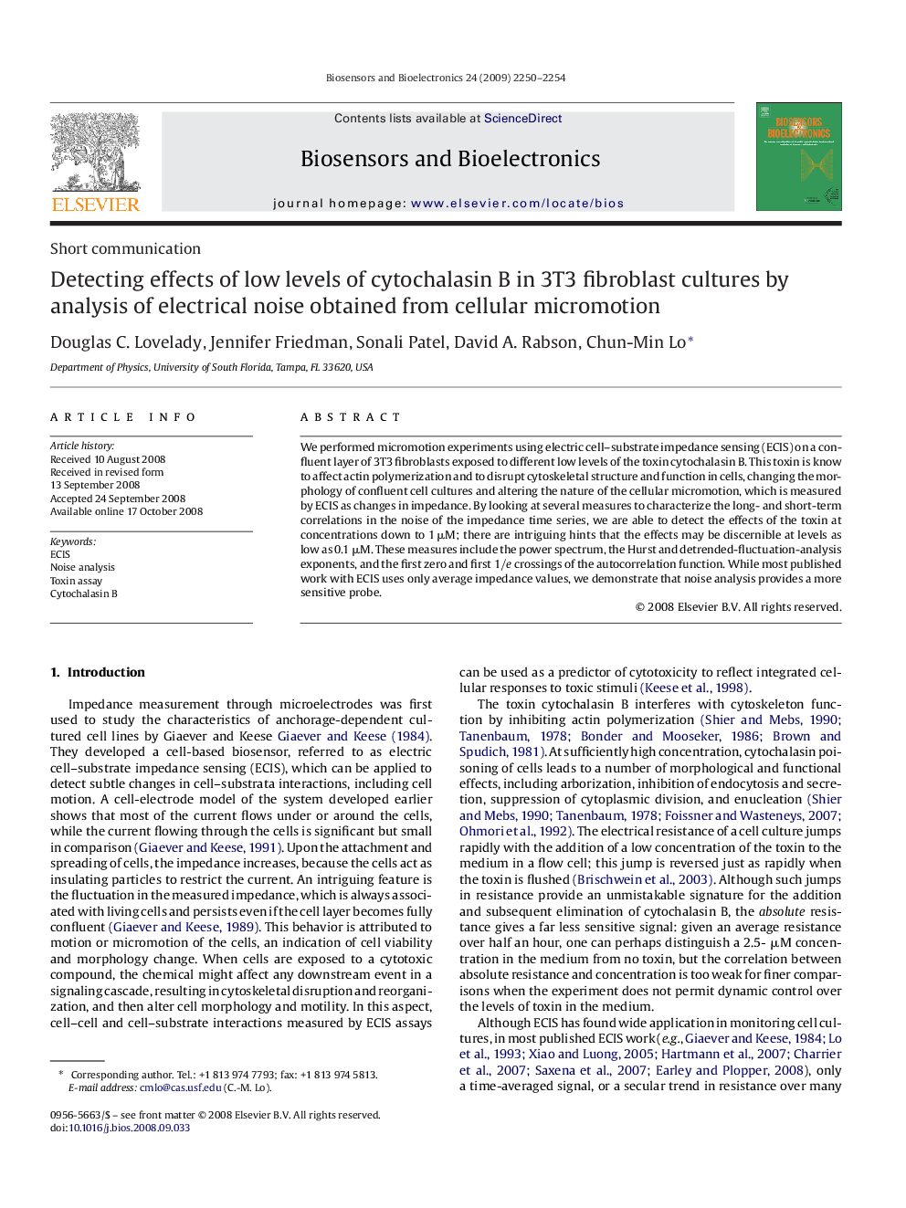 Detecting effects of low levels of cytochalasin B in 3T3 fibroblast cultures by analysis of electrical noise obtained from cellular micromotion