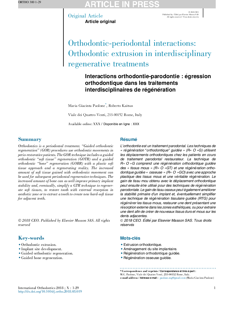 Interactions orthodontie-parodontieÂ : égression orthodontique dans les traitements interdisciplinaires de régénération