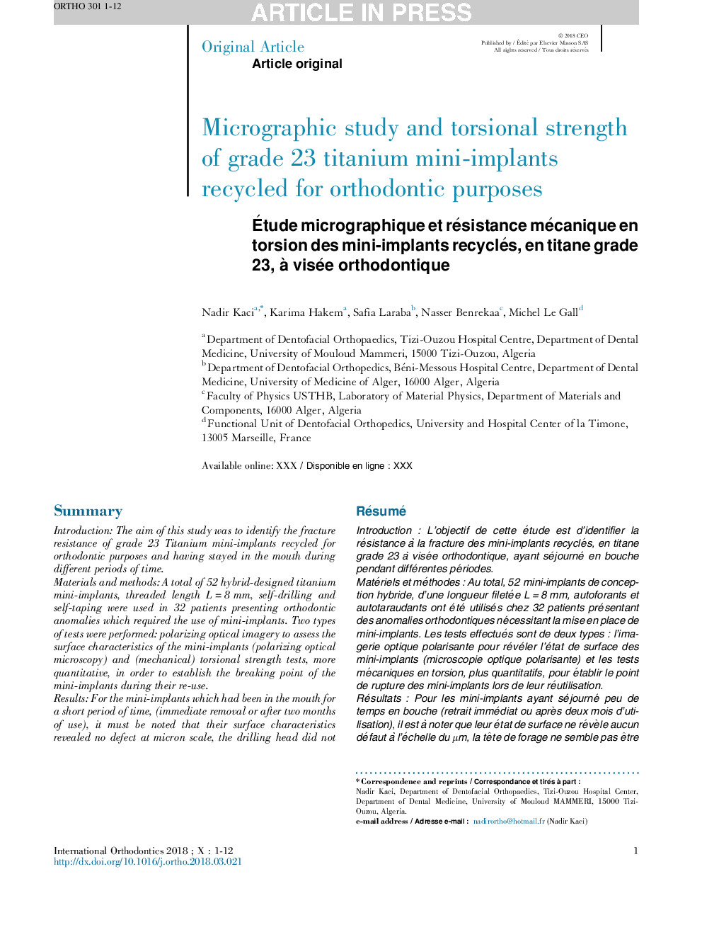 Ãtude micrographique et résistance mécanique en torsion des mini-implants recyclés, en titane grade 23, Ã  visée orthodontique