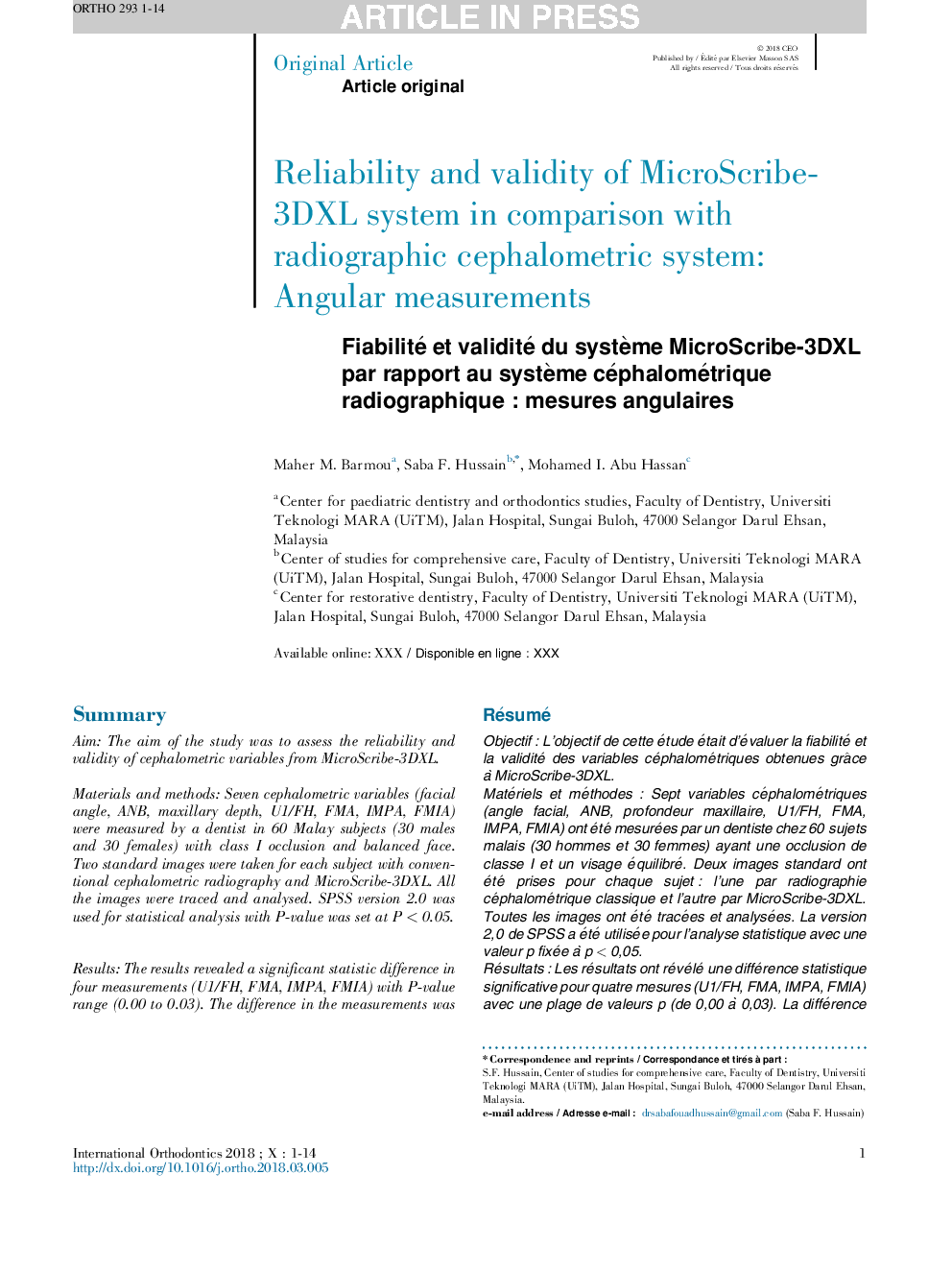 Reliability and validity of MicroScribe-3DXL system in comparison with radiographic cephalometric system: Angular measurements