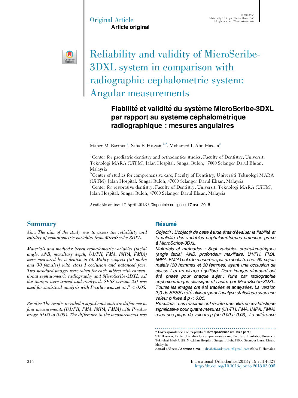 Fiabilité et validité du systÃ¨me MicroScribe-3DXL par rapport au systÃ¨me céphalométrique radiographiqueÂ : mesures angulaires