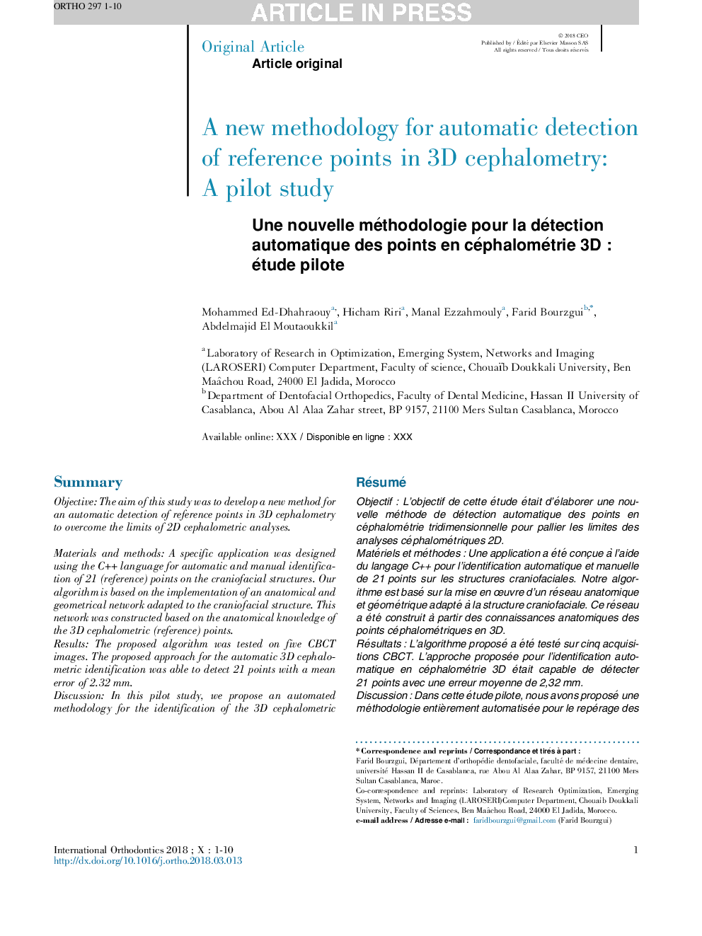 A new methodology for automatic detection of reference pointsÂ in 3D cephalometry: A pilot study