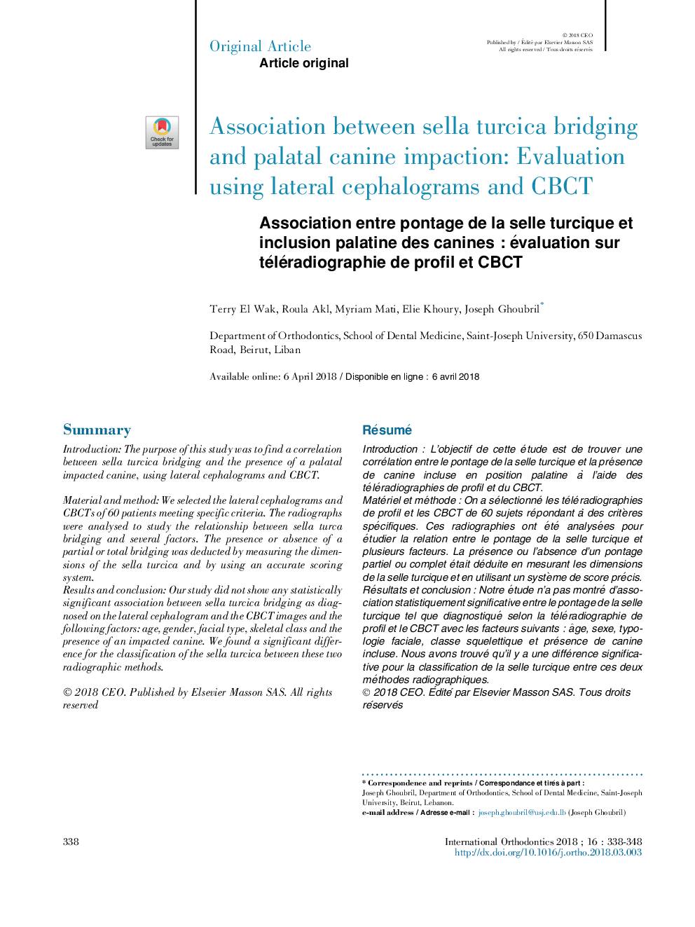 Association entre pontage de la selle turcique et inclusion palatine des caninesÂ : évaluation sur téléradiographie de profil et CBCT