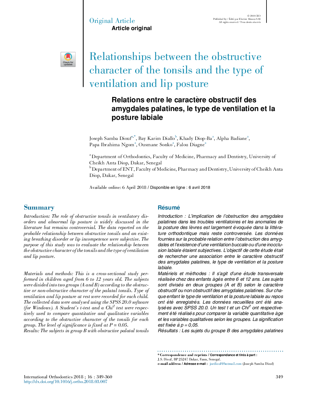 Relations entre le caractÃ¨re obstructif des amygdales palatines, le type de ventilation et la posture labiale