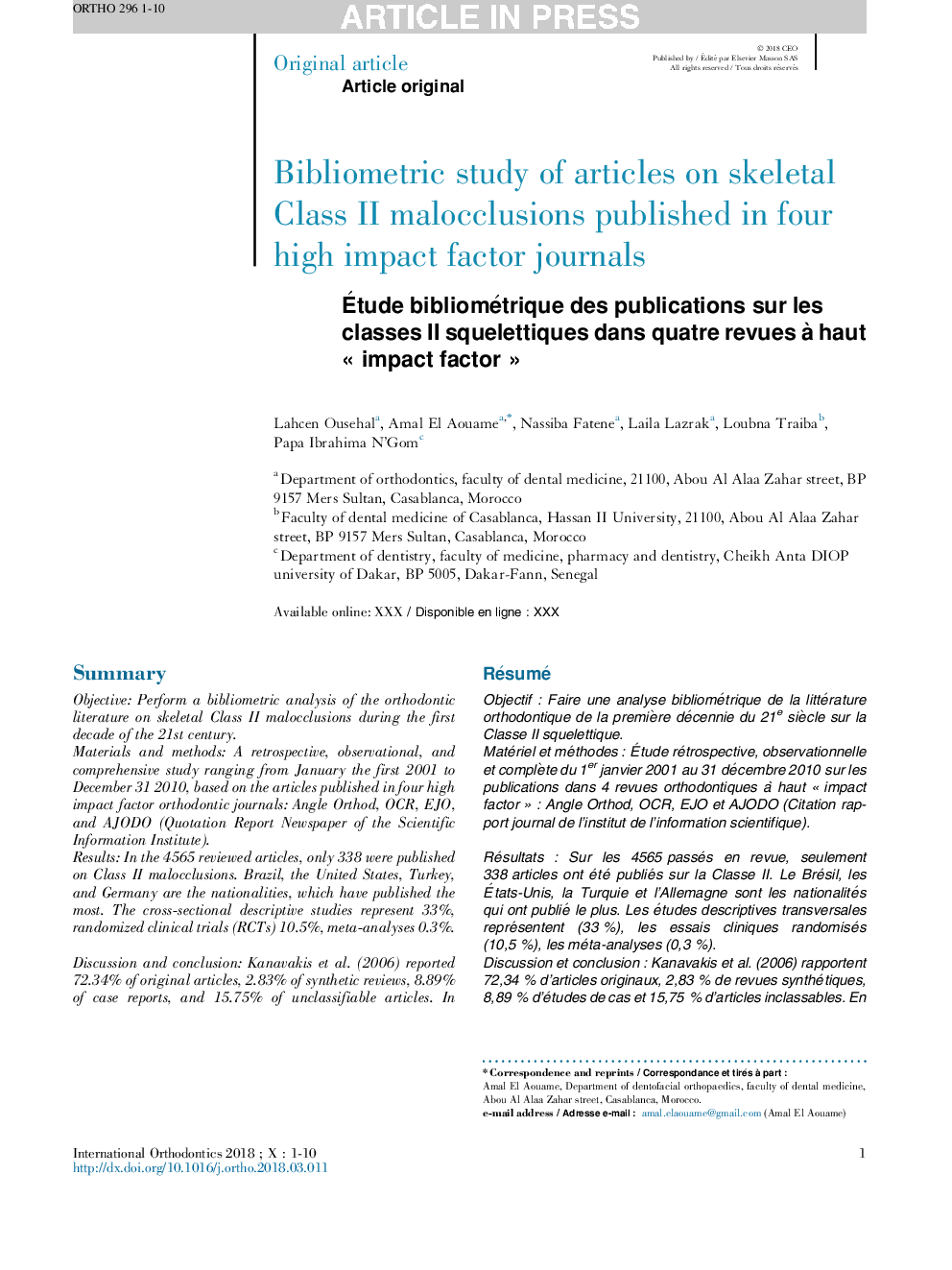 Ãtude bibliométrique des publications sur les classes II squelettiques dans quatre revues Ã  haut Â«Â impact factorÂ Â»