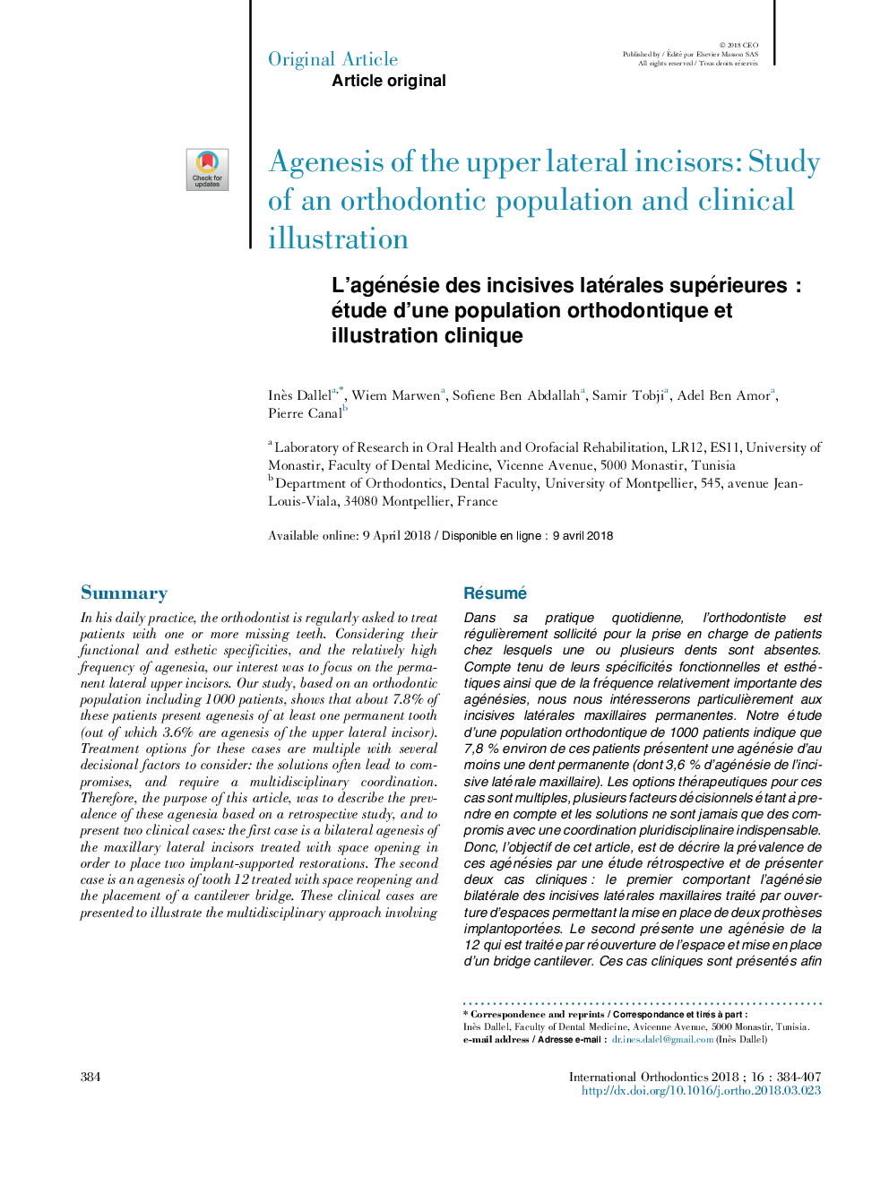 L'agénésie des incisives latérales supérieuresÂ : étude d'une population orthodontique et illustration clinique