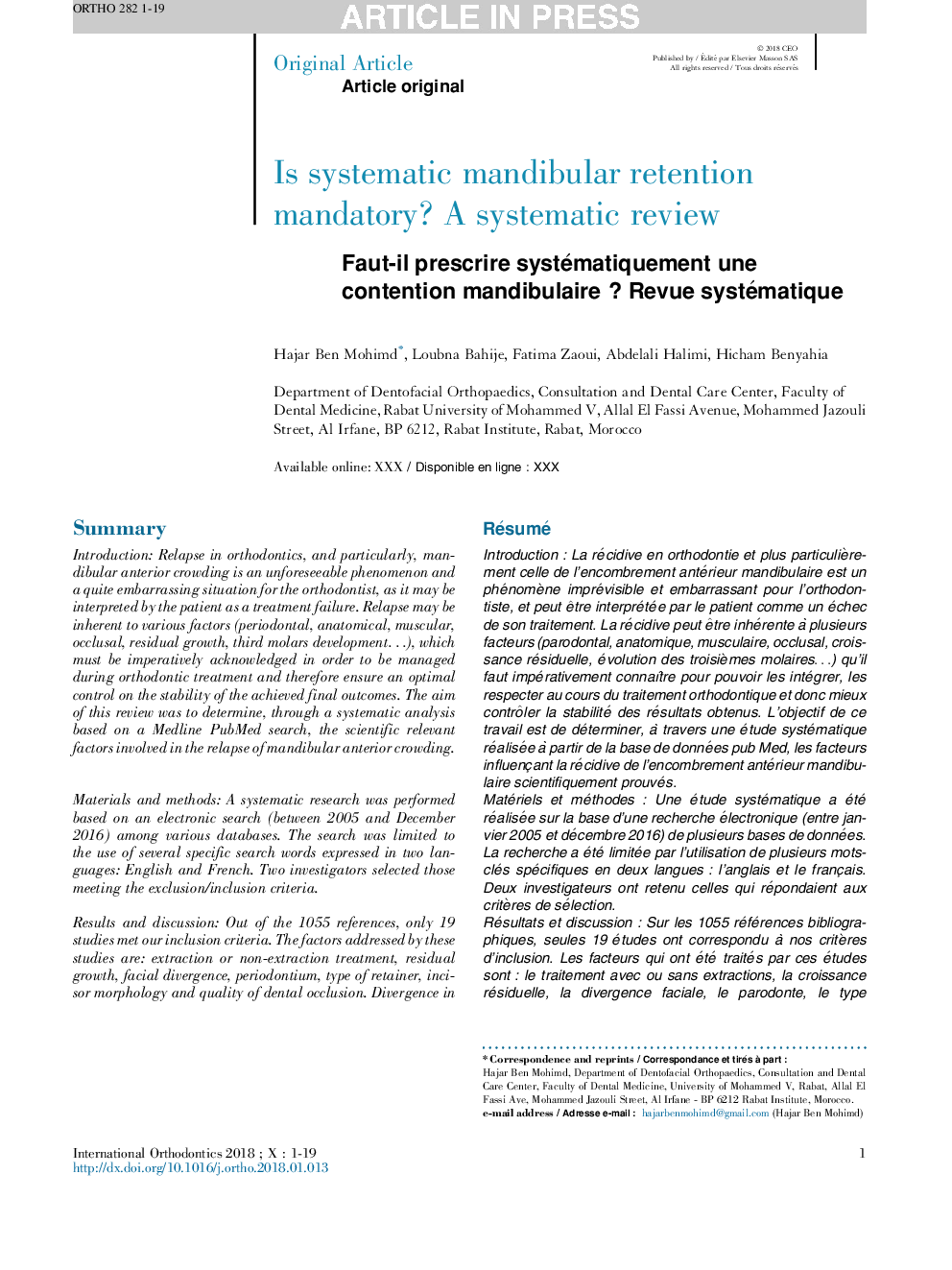 Faut-il prescrire systématiquement une contention mandibulaireÂ ? Revue systématique