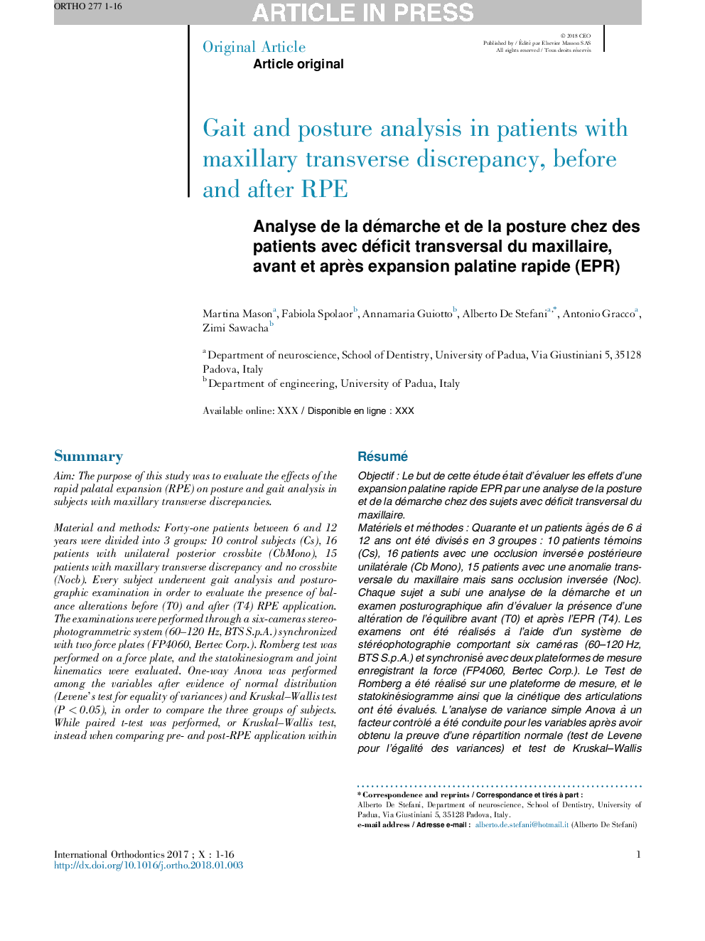 Gait and posture analysis in patients with maxillary transverse discrepancy, before and after RPE