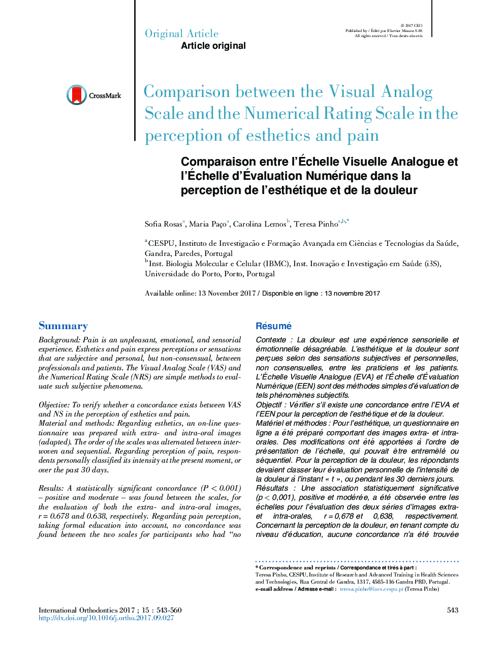 Comparison between the Visual Analog Scale and the Numerical Rating Scale in the perception of esthetics and pain