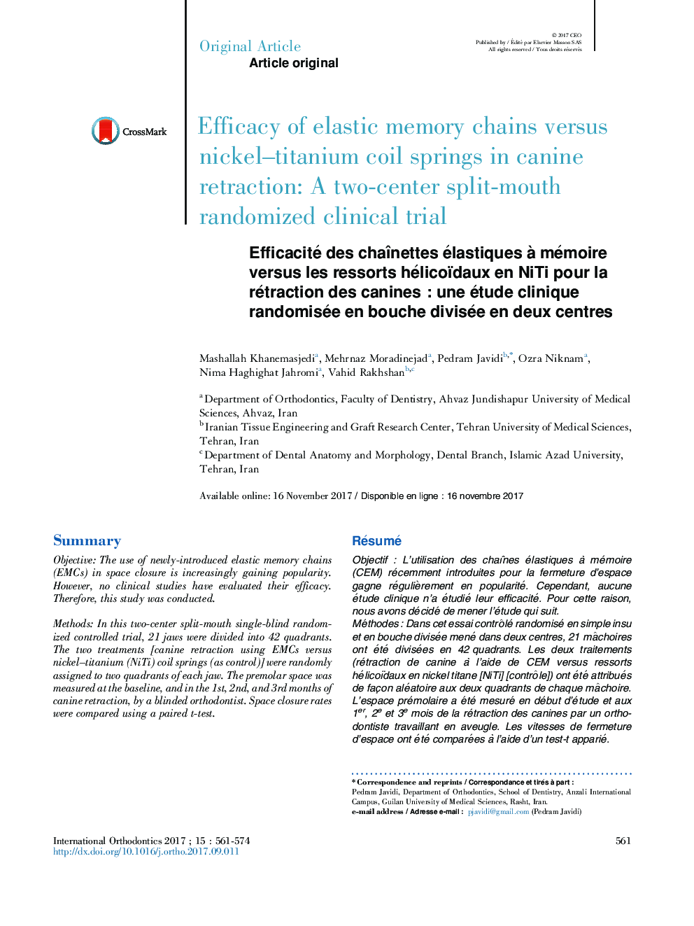 Efficacy of elastic memory chains versus nickel-titanium coil springs in canine retraction: A two-center split-mouth randomized clinical trial