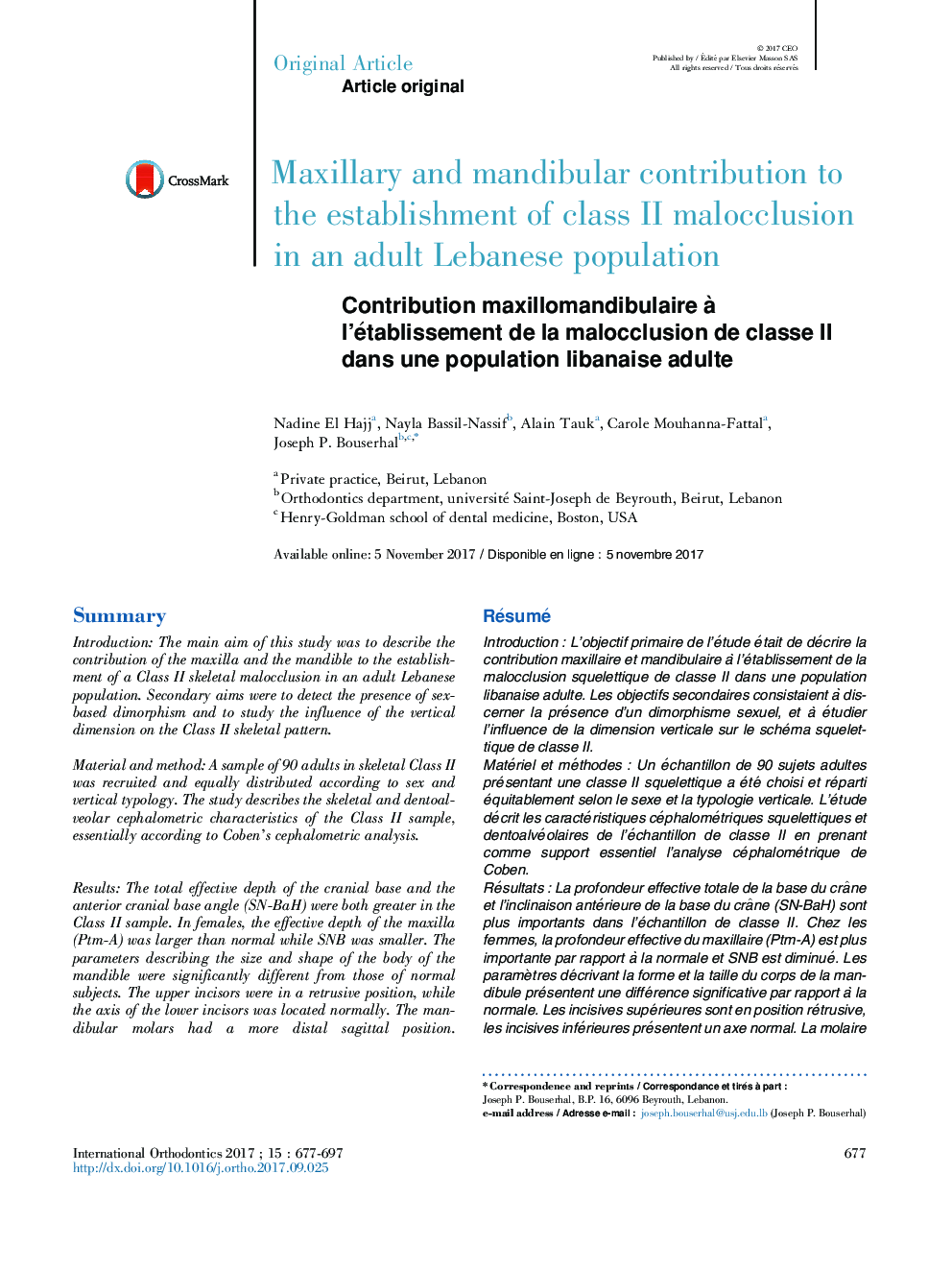 Maxillary and mandibular contribution to the establishment of class II malocclusion in an adult Lebanese population