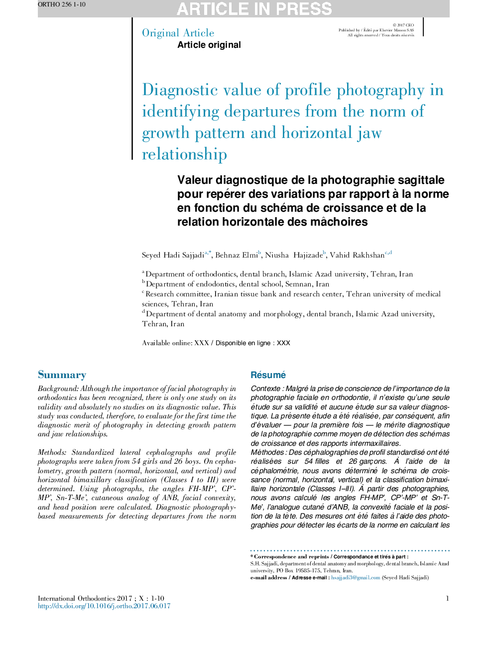 Valeur diagnostique de la photographie sagittale pour repérer des variations par rapport Ã  la norme en fonction du schéma de croissance et de la relation horizontale des mÃ¢choires