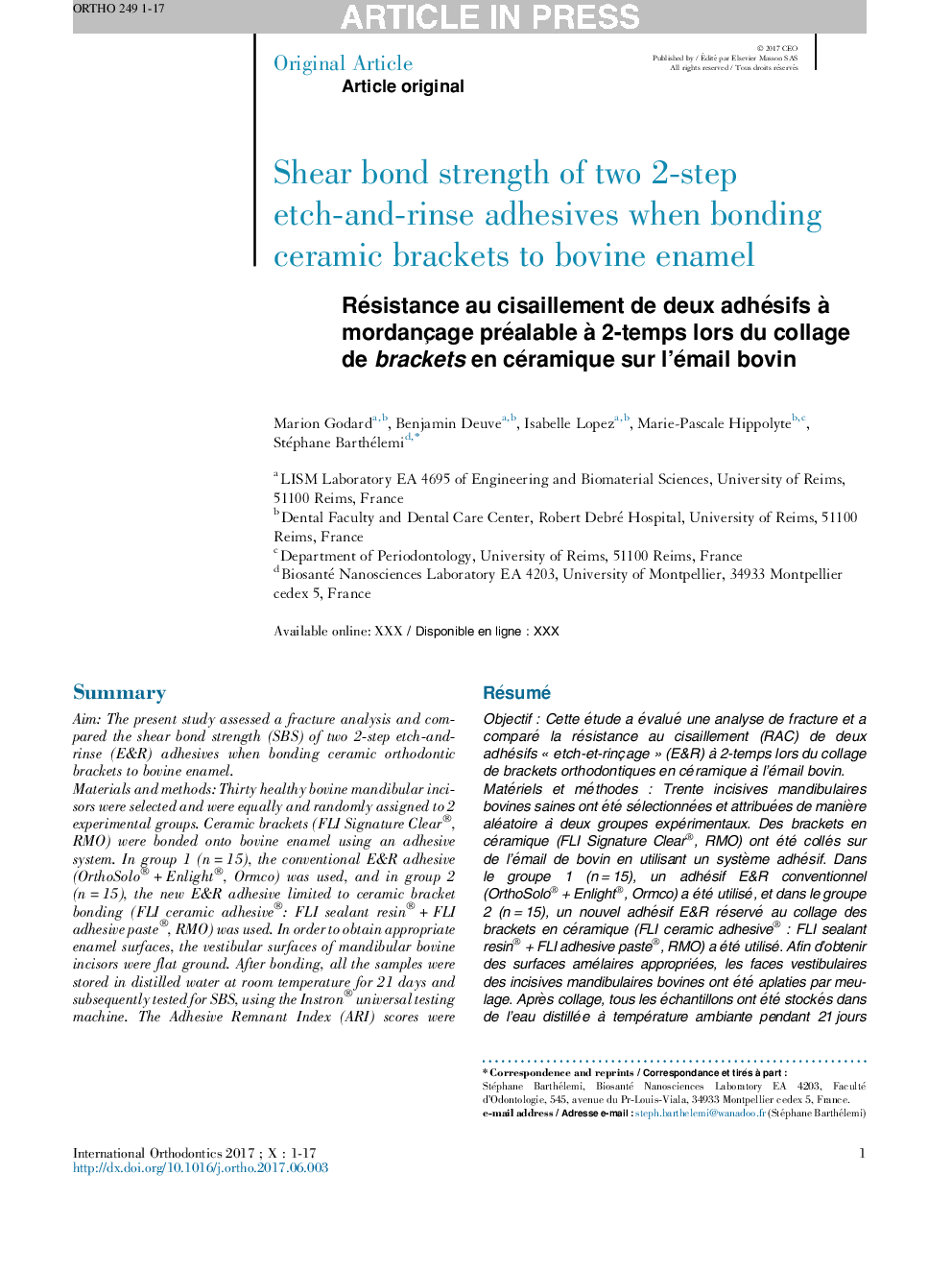 Résistance au cisaillement de deux adhésifs Ã  mordançage préalable Ã  2-temps lors du collage de brackets en céramique sur l'émail bovin