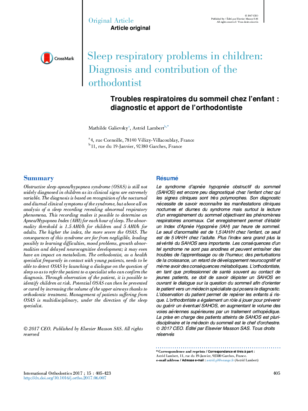 Troubles respiratoires du sommeil chez l'enfantÂ : diagnostic et apport de l'orthodontiste