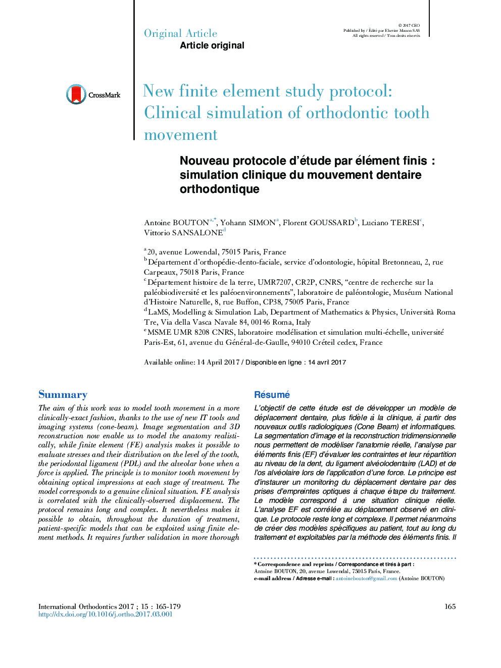 Nouveau protocole d'étude par élément finisÂ : simulation clinique du mouvement dentaire orthodontique