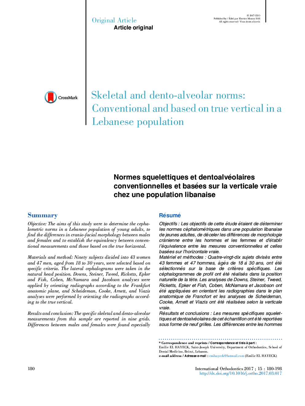 Normes squelettiques et dentoalvéolaires conventionnelles et basées sur la verticale vraie chez une population libanaise