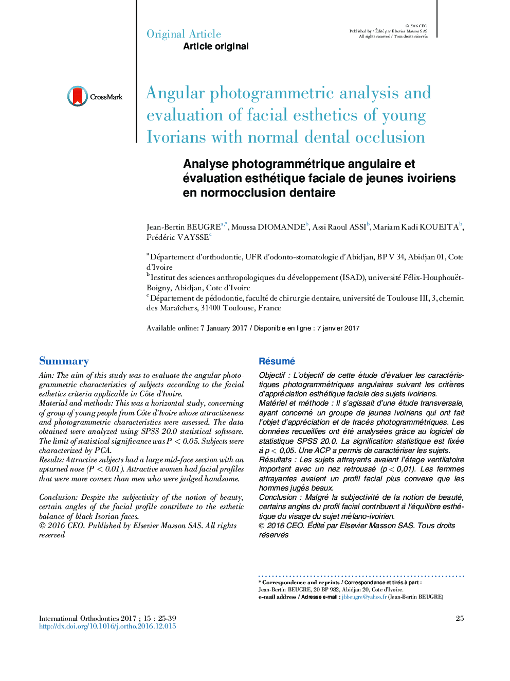 Analyse photogrammétrique angulaire et évaluation esthétique faciale de jeunes ivoiriens en normocclusion dentaire