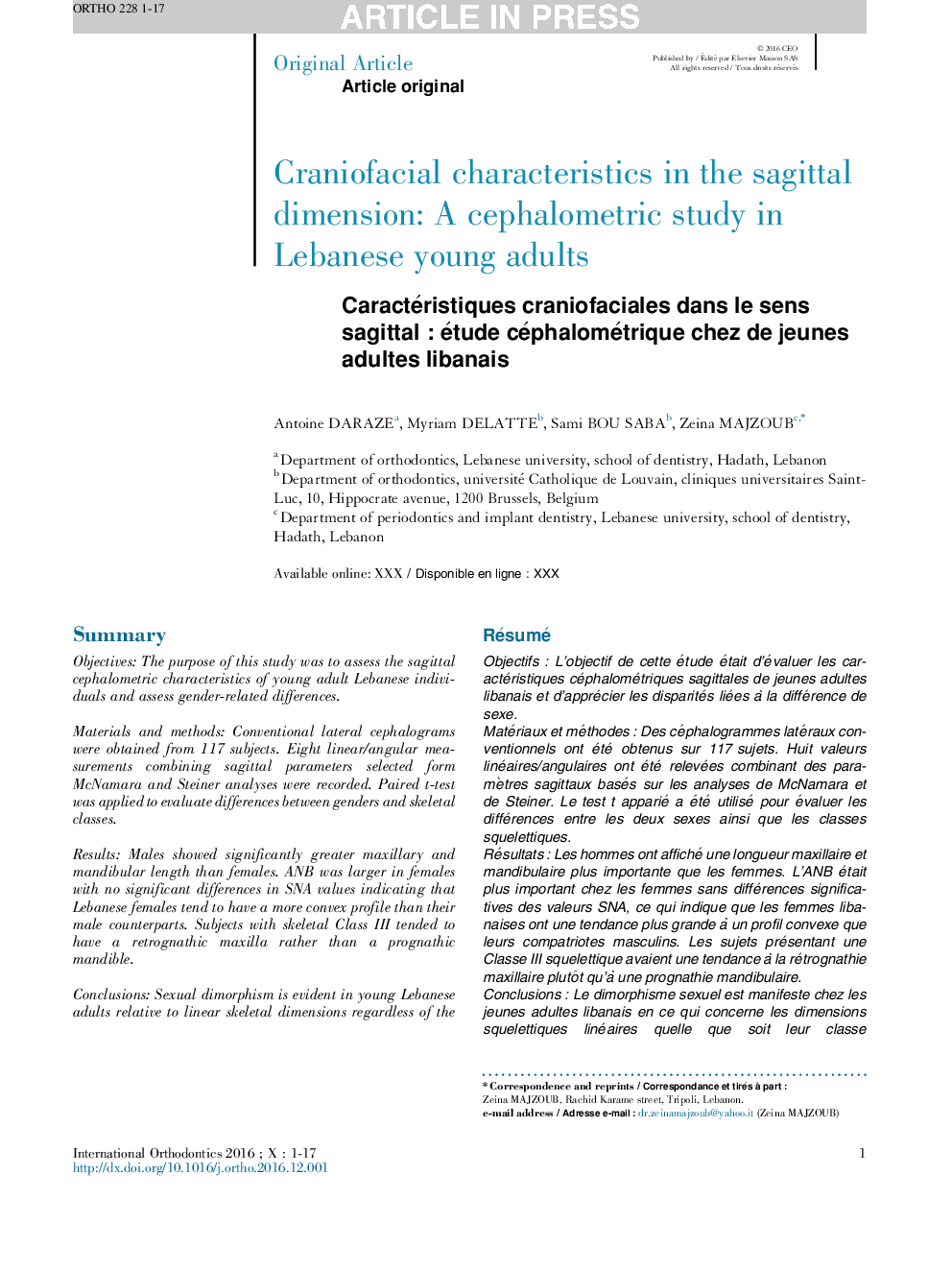 عکس صفحه اول مقاله: Craniofacial characteristics in the sagittal dimension: A cephalometric study in Lebanese young adults Craniofacial characteristics in the sagittal dimension: A cephalometric study in Lebanese young adults