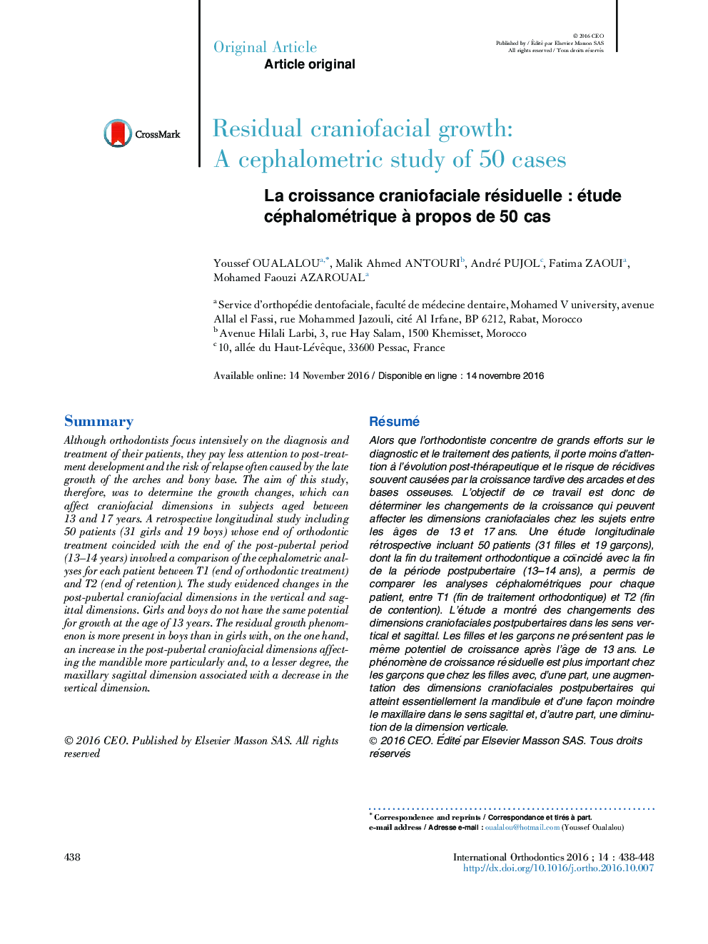 La croissance craniofaciale résiduelleÂ : étude céphalométrique Ã  propos de 50Â cas