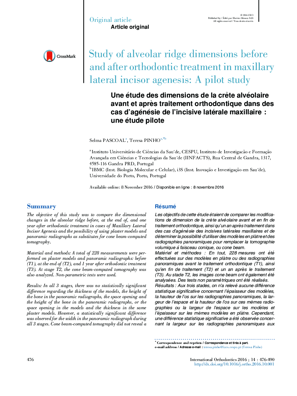 Une étude des dimensions de la crÃªte alvéolaire avant et aprÃ¨s traitement orthodontique dans des cas d'agénésie de l'incisive latérale maxillaireÂ : une étude pilote