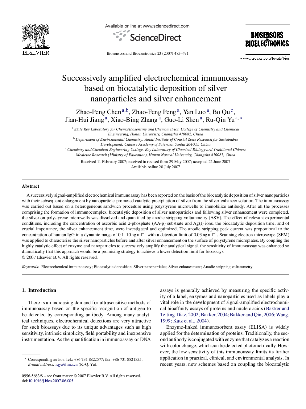 Successively amplified electrochemical immunoassay based on biocatalytic deposition of silver nanoparticles and silver enhancement