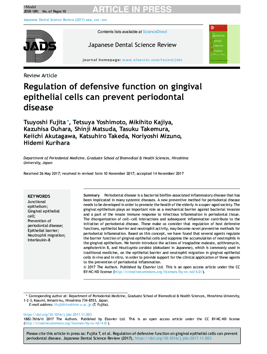Regulation of defensive function on gingival epithelial cells can prevent periodontal disease