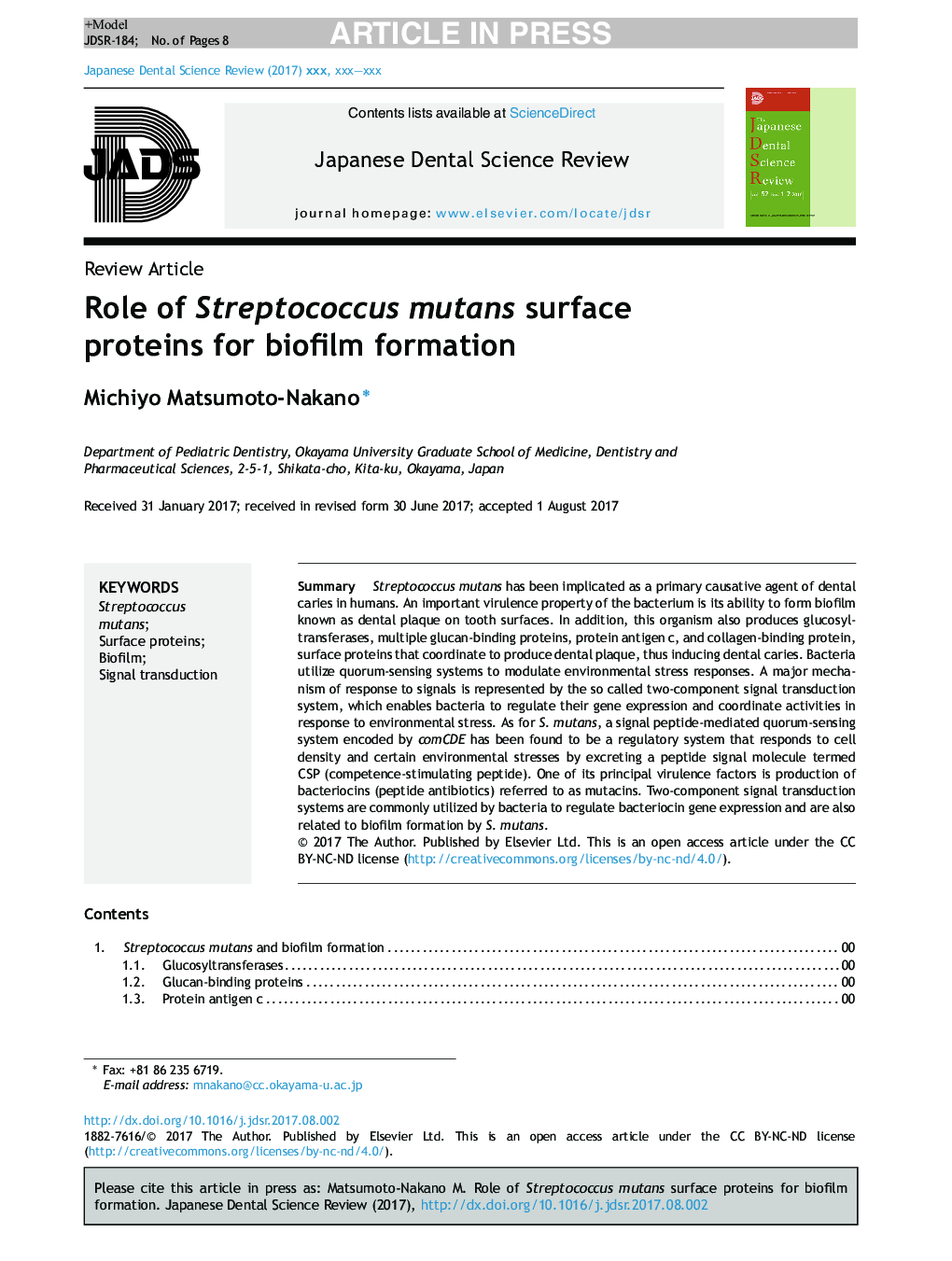 Role of Streptococcus mutans surface proteins for biofilm formation