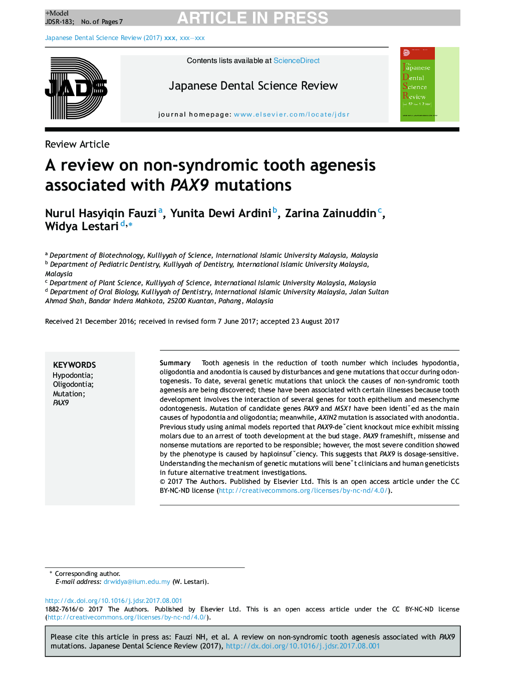 A review on non-syndromic tooth agenesis associated with PAX9 mutations