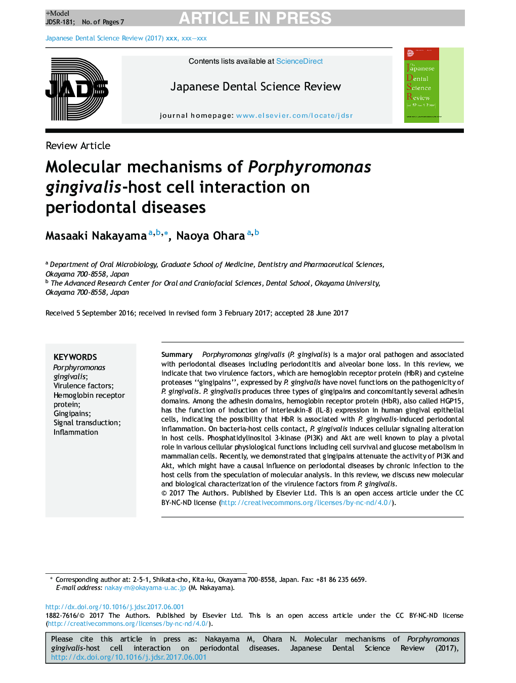 Molecular mechanisms of Porphyromonas gingivalis-host cell interaction on periodontal diseases