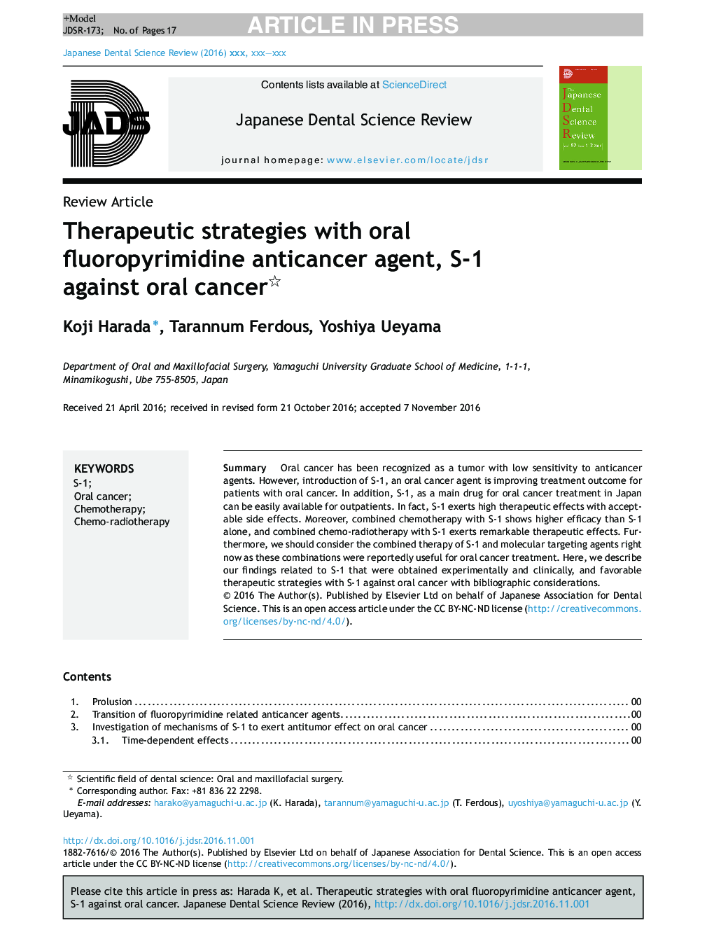 Therapeutic strategies with oral fluoropyrimidine anticancer agent, S-1 against oral cancer