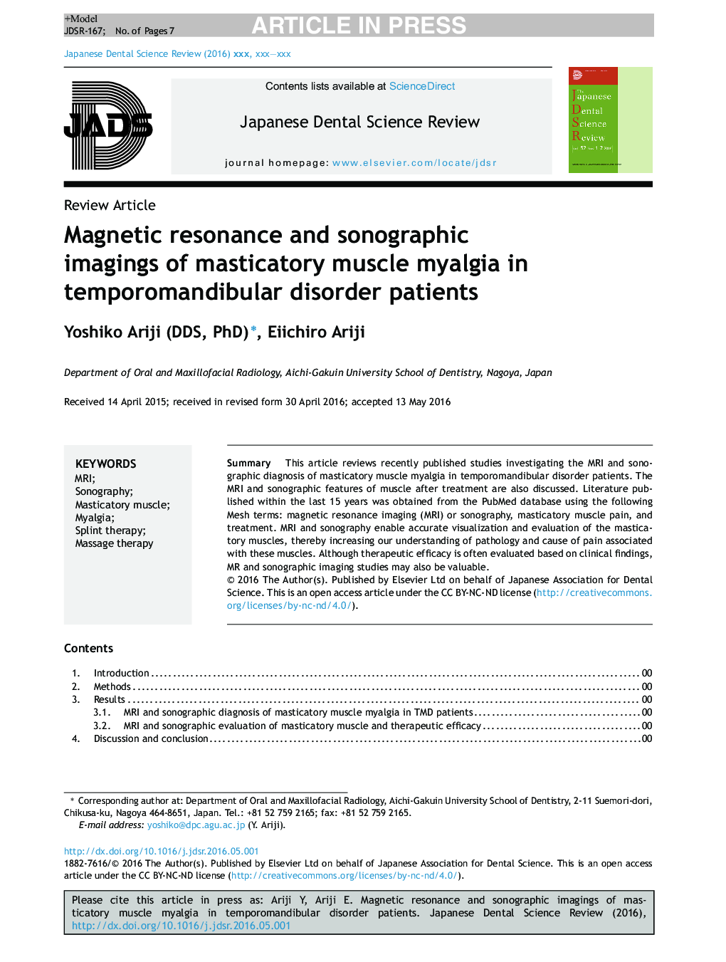 Magnetic resonance and sonographic imagings of masticatory muscle myalgia in temporomandibular disorder patients