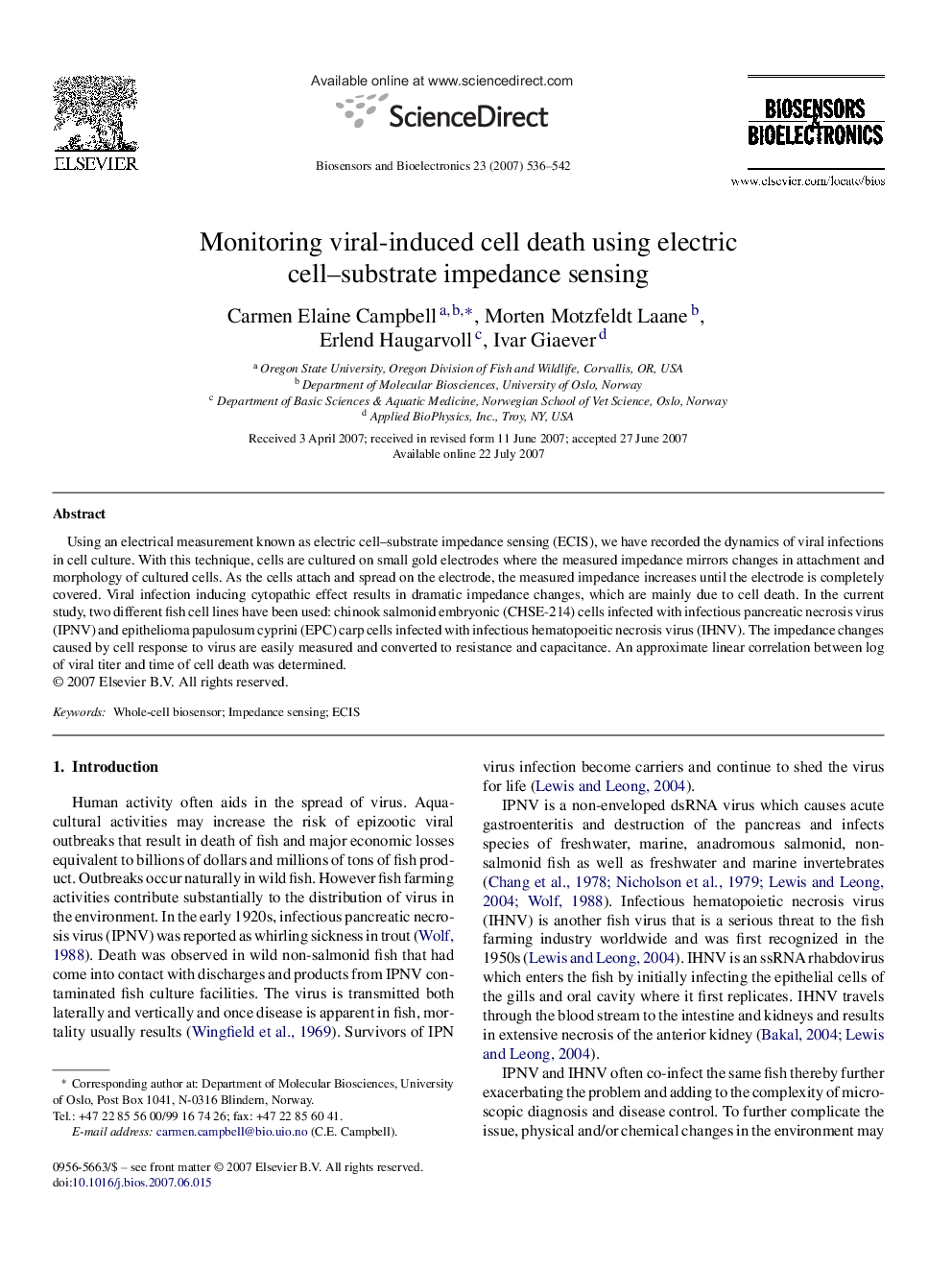 Monitoring viral-induced cell death using electric cell–substrate impedance sensing