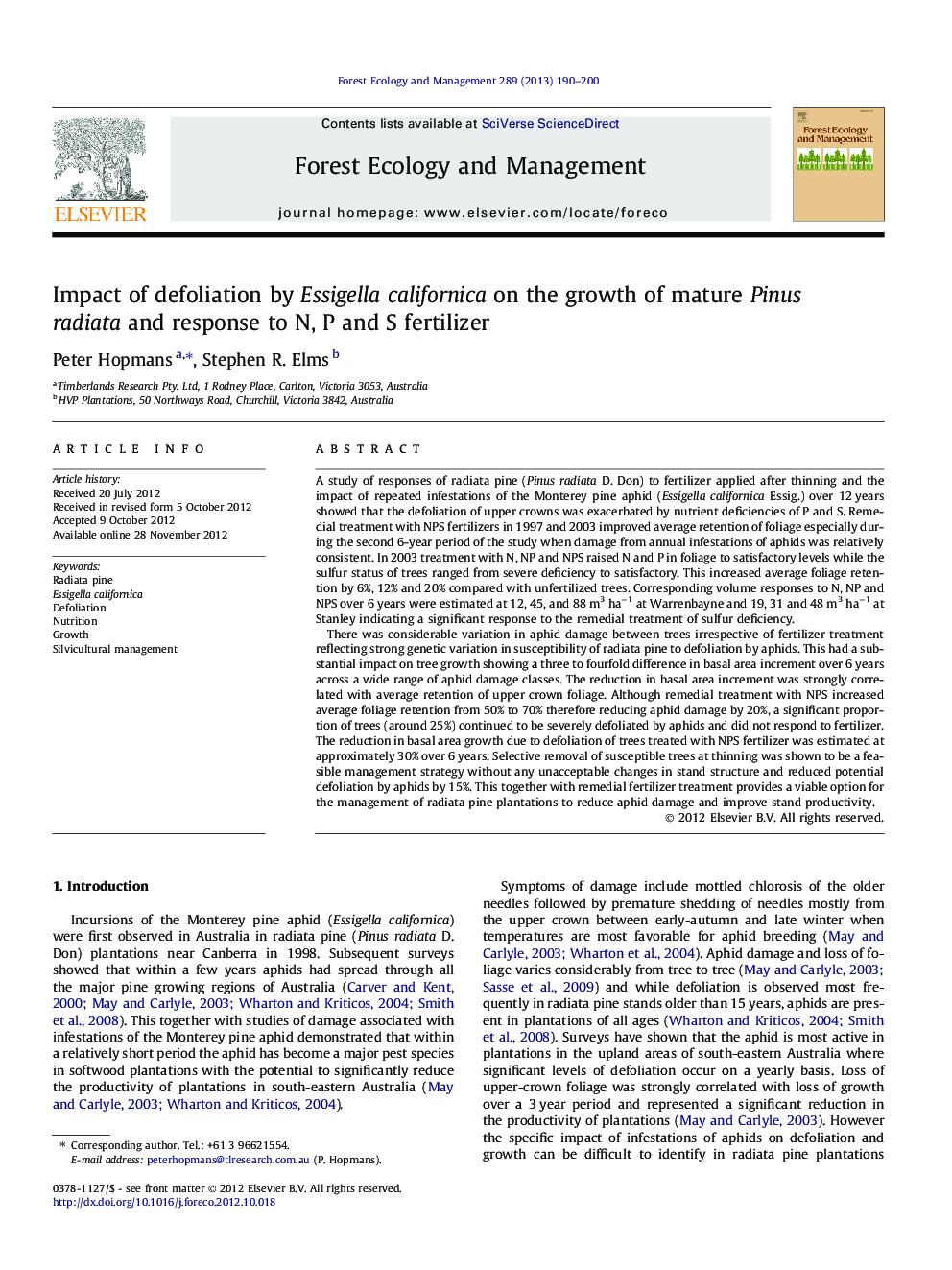 Impact of defoliation by Essigella californica on the growth of mature Pinus radiata and response to N, P and S fertilizer