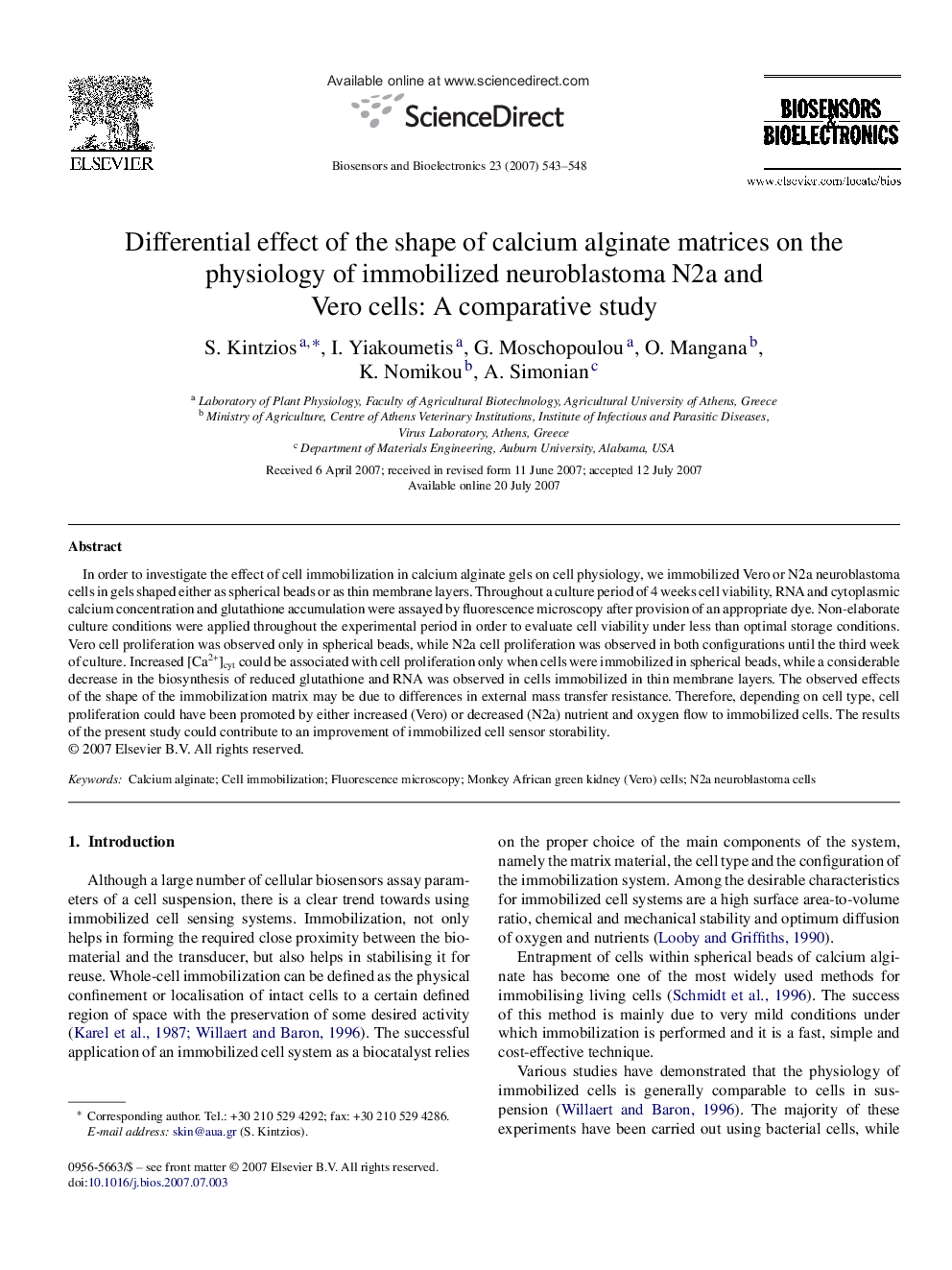 عکس صفحه اول مقاله: Differential effect of the shape of calcium alginate matrices on the physiology of immobilized neuroblastoma N2a and Vero cells: A comparative study Differential effect of the shape of calcium alginate matrices on the physiology of immobilized neuroblastoma N2a and Vero cells: A comparative study