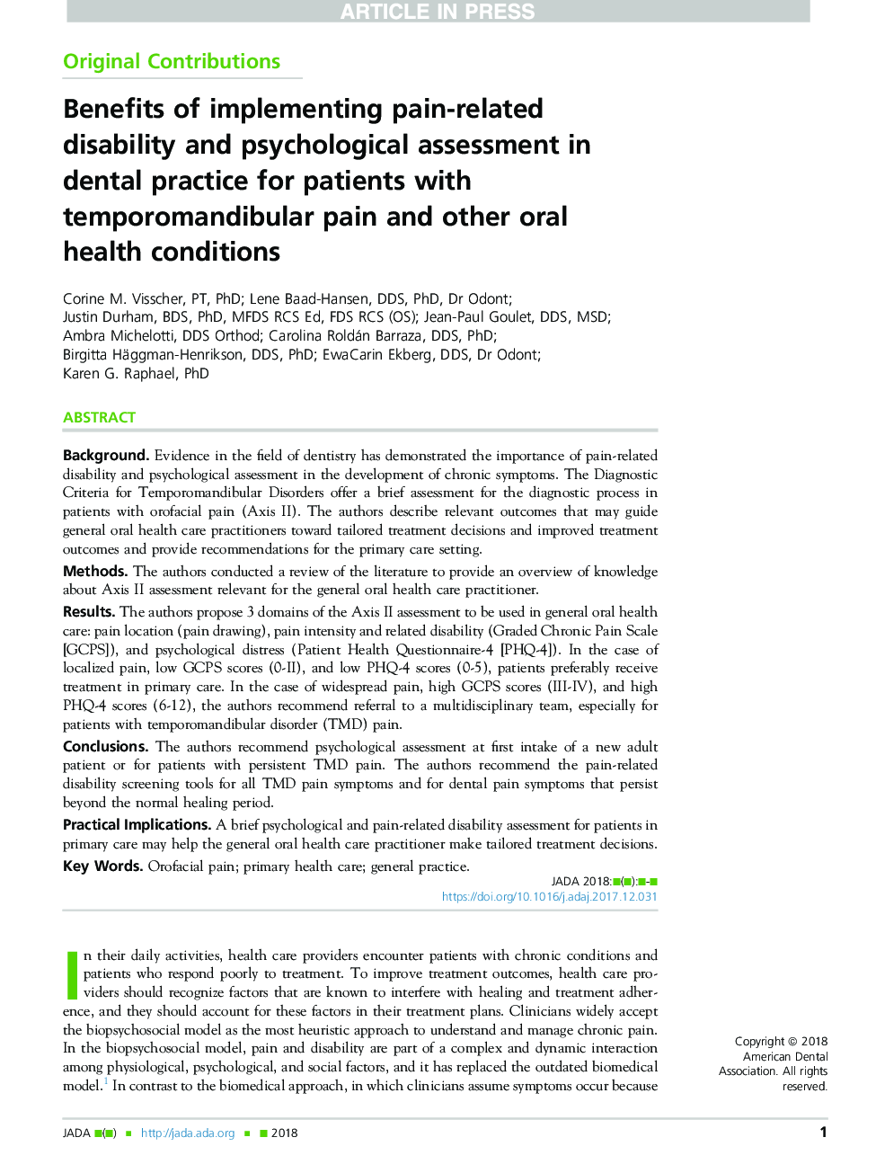 Benefits of implementing pain-related disability and psychological assessment in dental practice for patients with temporomandibular pain and other oral health conditions