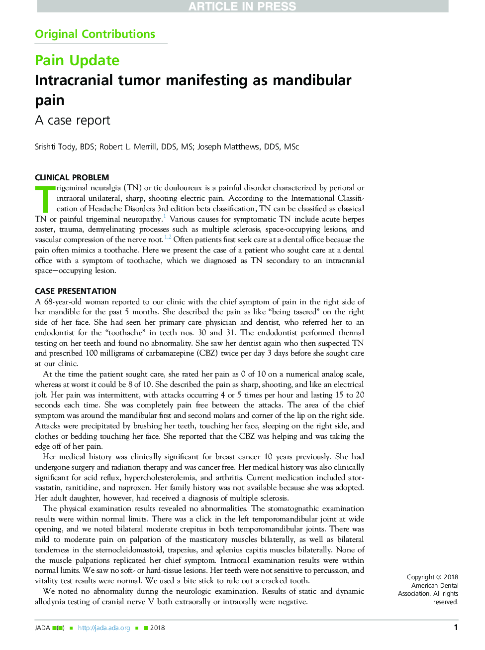 Intracranial tumor manifesting as mandibular pain