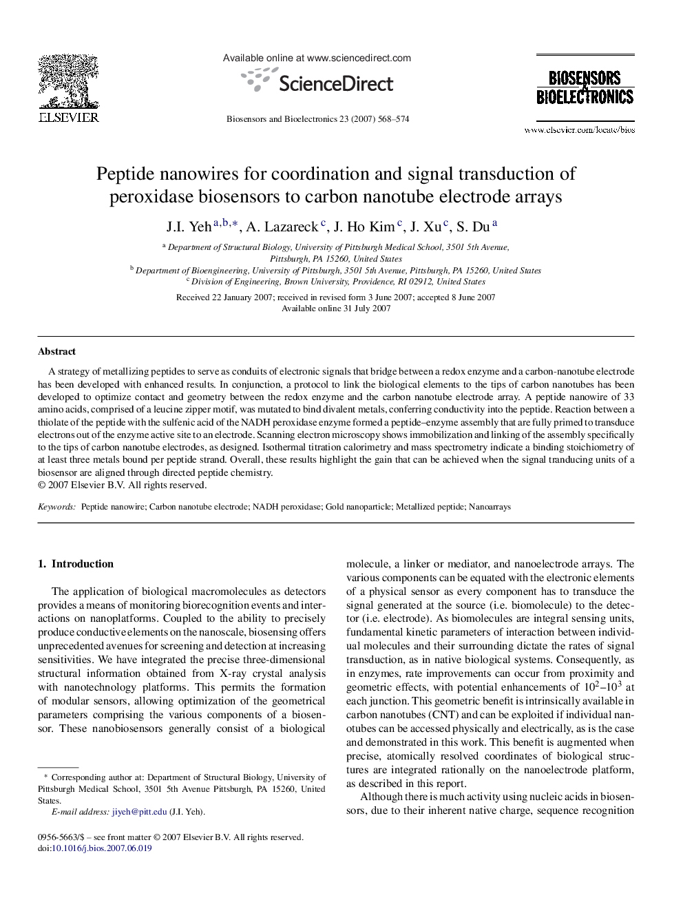عکس صفحه اول مقاله: Peptide nanowires for coordination and signal transduction of peroxidase biosensors to carbon nanotube electrode arrays Peptide nanowires for coordination and signal transduction of peroxidase biosensors to carbon nanotube electrode arrays
