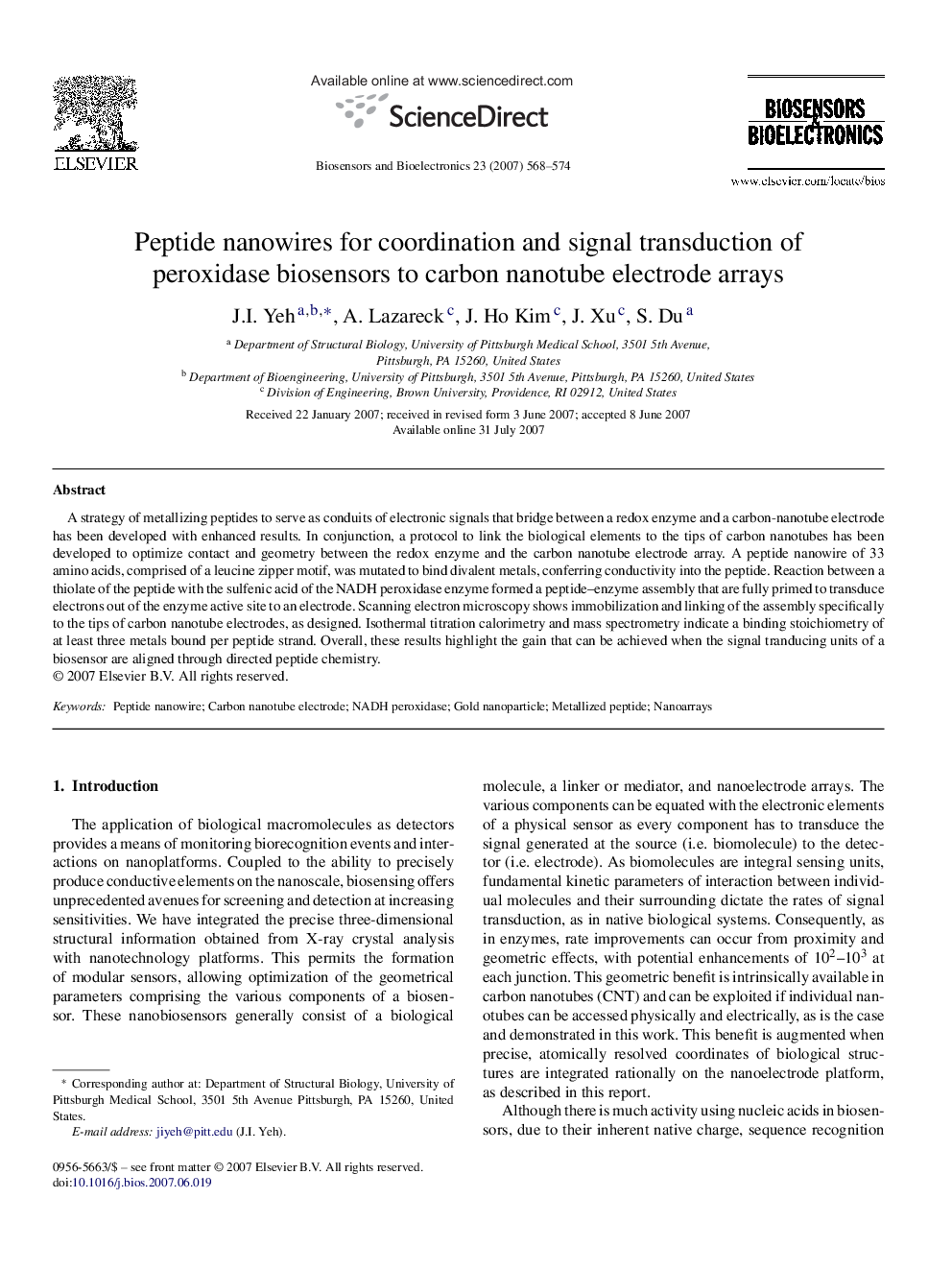 Peptide nanowires for coordination and signal transduction of peroxidase biosensors to carbon nanotube electrode arrays