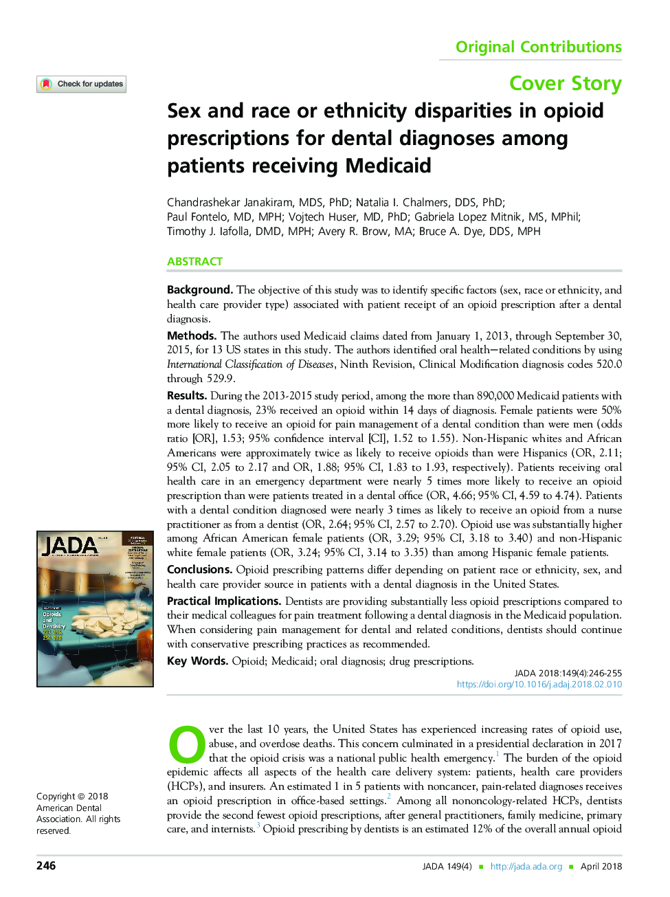 Sex and race or ethnicity disparities in opioid prescriptions for dental diagnoses among patients receiving Medicaid