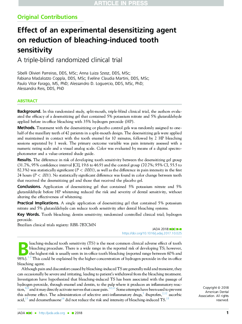 Effect of an experimental desensitizing agent on reduction of bleaching-induced tooth sensitivity