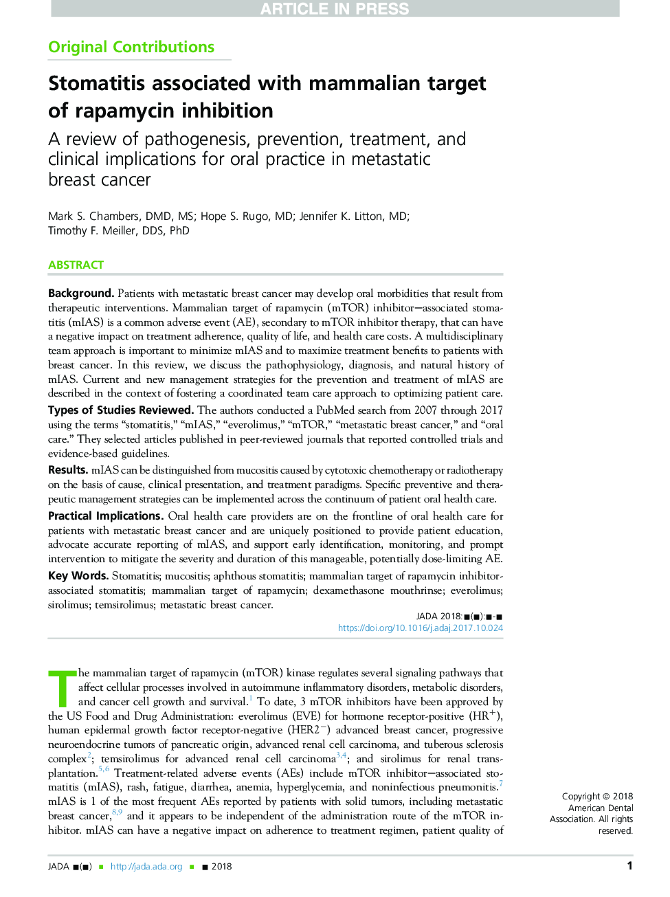 Stomatitis associated with mammalian target of rapamycin inhibition