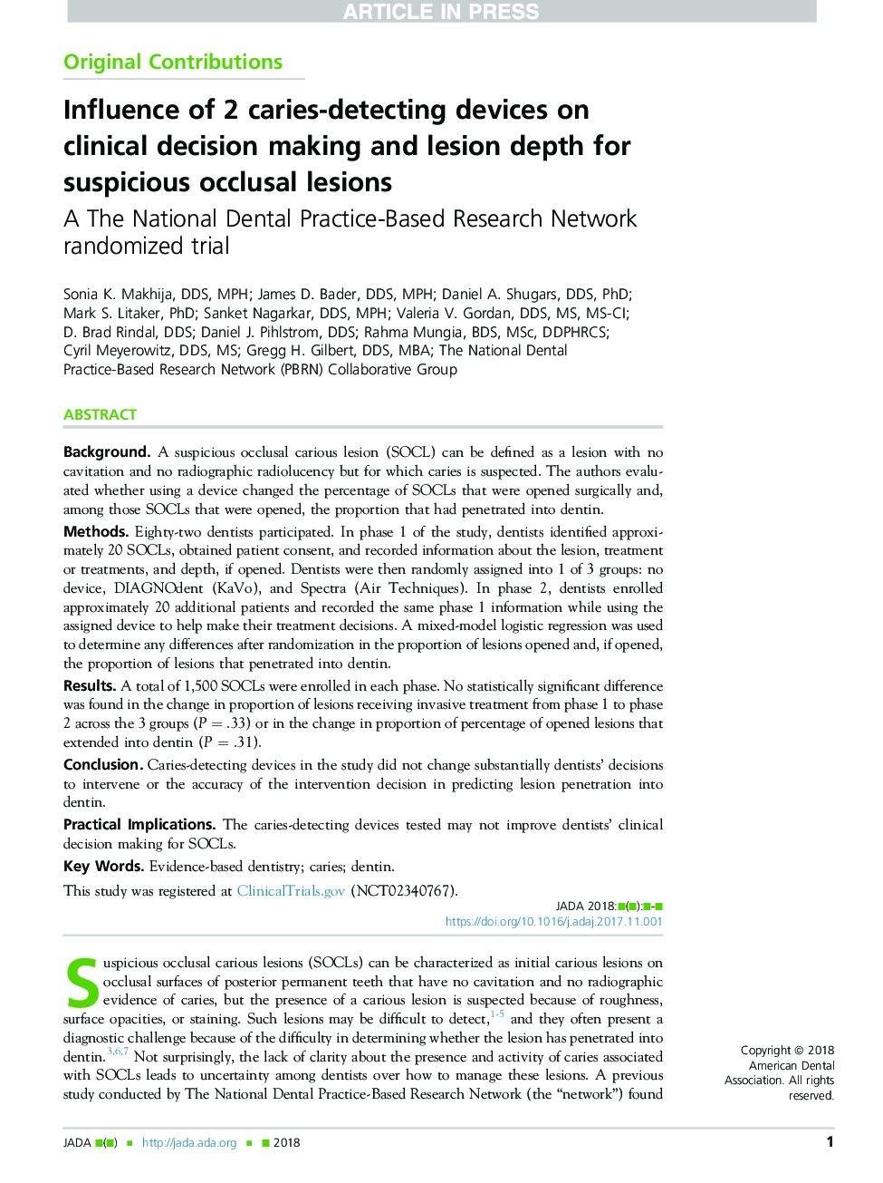 Influence of 2 caries-detecting devices on clinical decision making and lesion depth for suspicious occlusal lesions